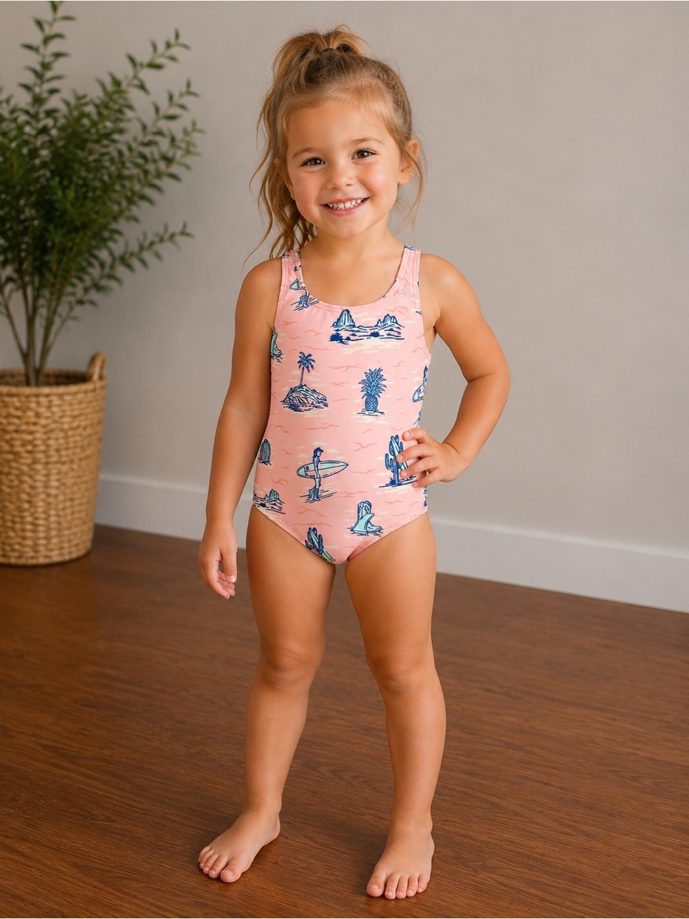 Seaesta Surf • NWT Girls' Pink Surf Print One-Piece Swimsuit 3/4
